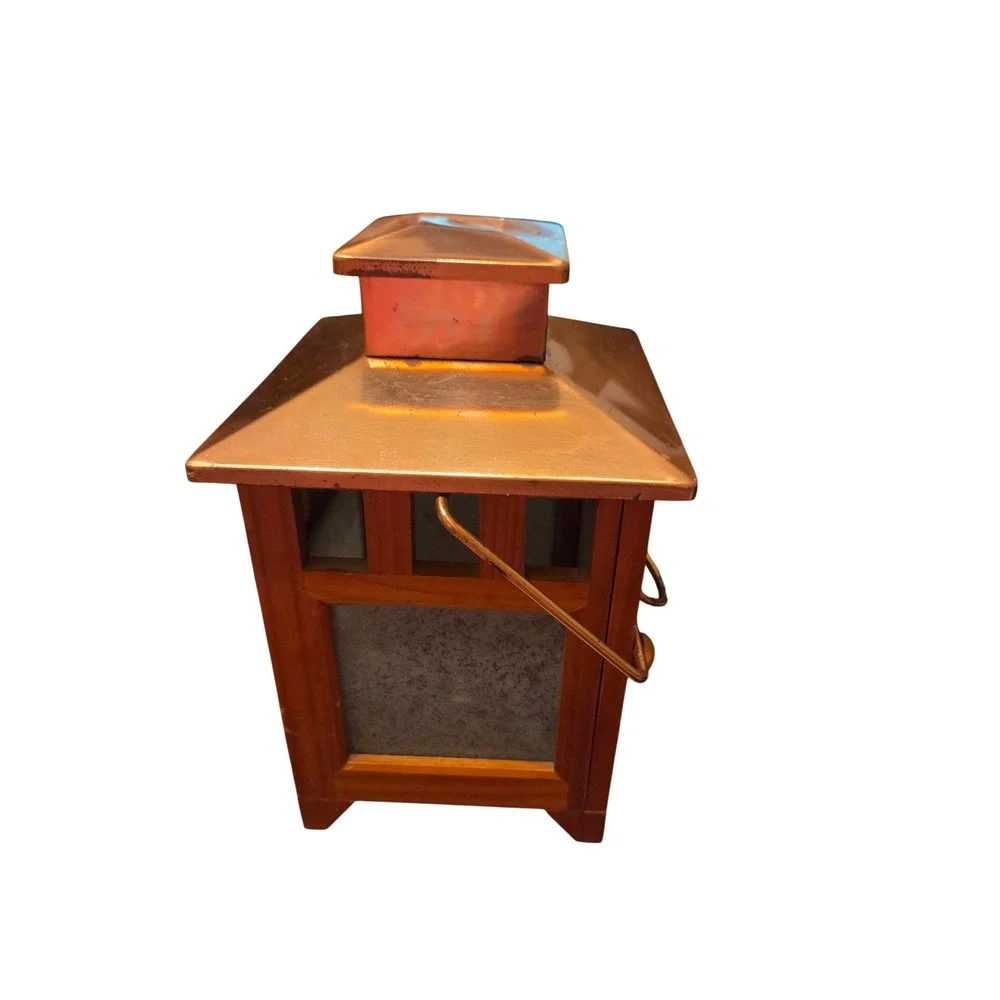 Wood Copper Candle Lantern Mission Style Rustic Seeded Textured Glass Decor